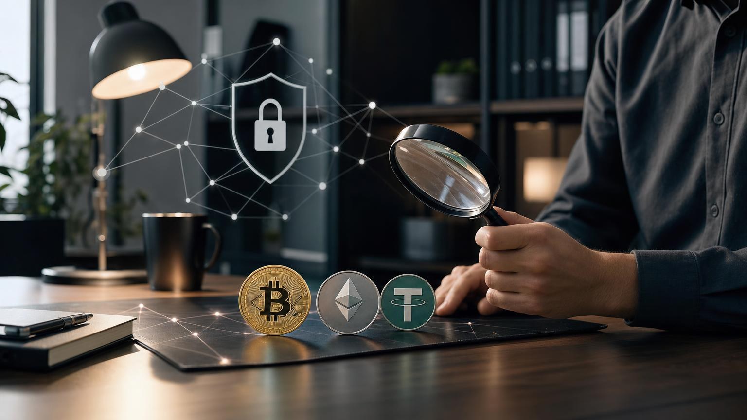 A user verifies a crypto exchange domain, wallet address, network and transaction details before sending BTC, ETH or USDT
